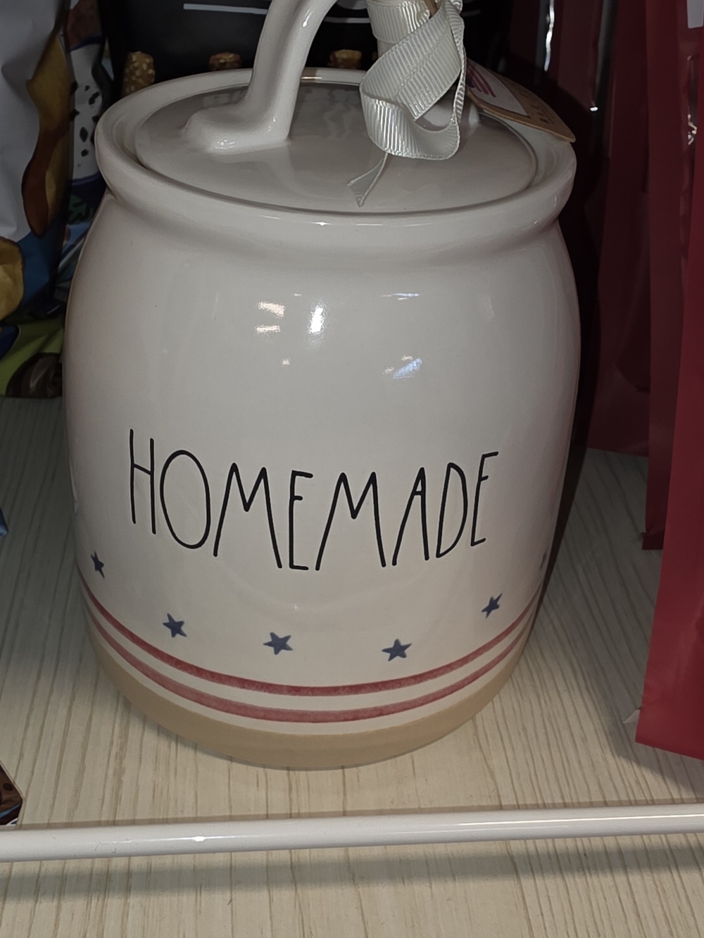 Rae Dunn Cream Ceramic Canister with Red & Blue Accents